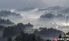 重庆南川现丁达尔效应 晨光似瀑布倾泻